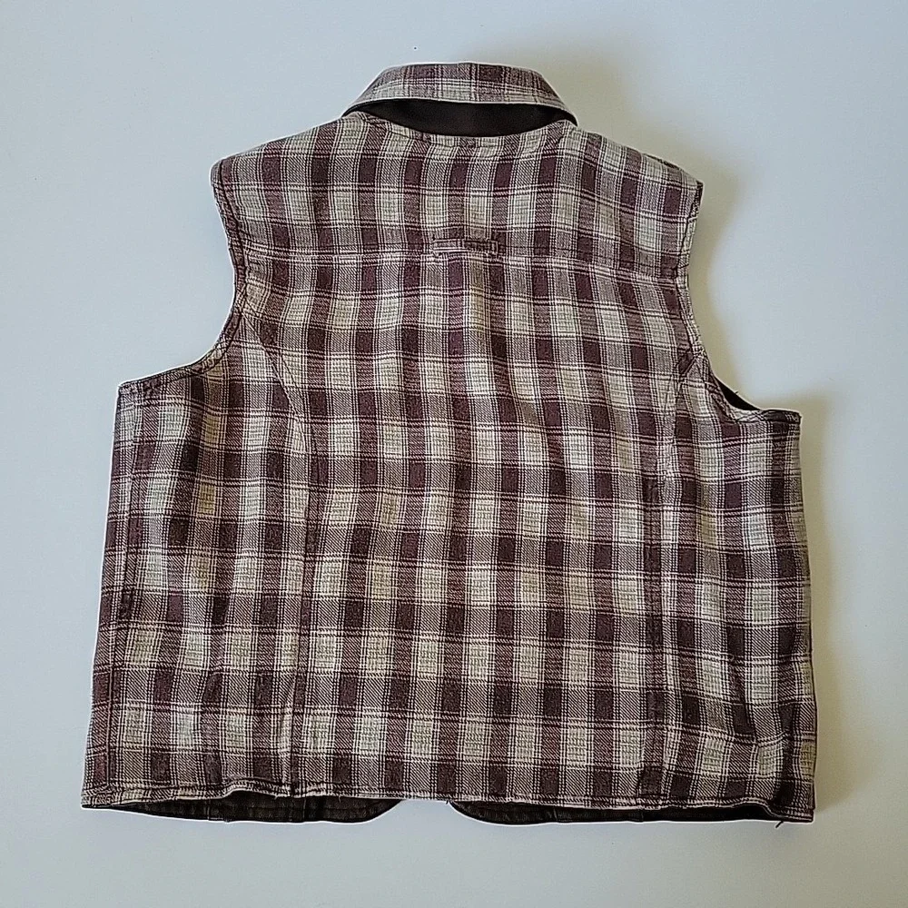 St Johns Bay Vintage Reversible Vest Petite Medium Brown‎ Denim Flannel Full Zip